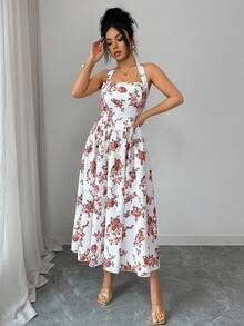 SHEIN Elenzya Women's Elegant Floral Print Backless Halter Dress, Summer - Red and White - View 4
