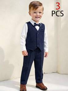 SHEIN Conjunto de 3 piezas de camisa de manga larga, chaleco y pantalones de unicolor estilo colegial para niños pequeños, conjunto de traje tejido de estilo caballero, adecuado para atuendos de niños, ropa de niño pequeño, regreso a la escuela, uniforme escolar, jardín de infantes, fiesta de cumpleaños, fiesta de noche, boda, , ceremonia de apertura escolar, uso diario, viaje, deportes, otoño/invierno - Azul - Ver 9