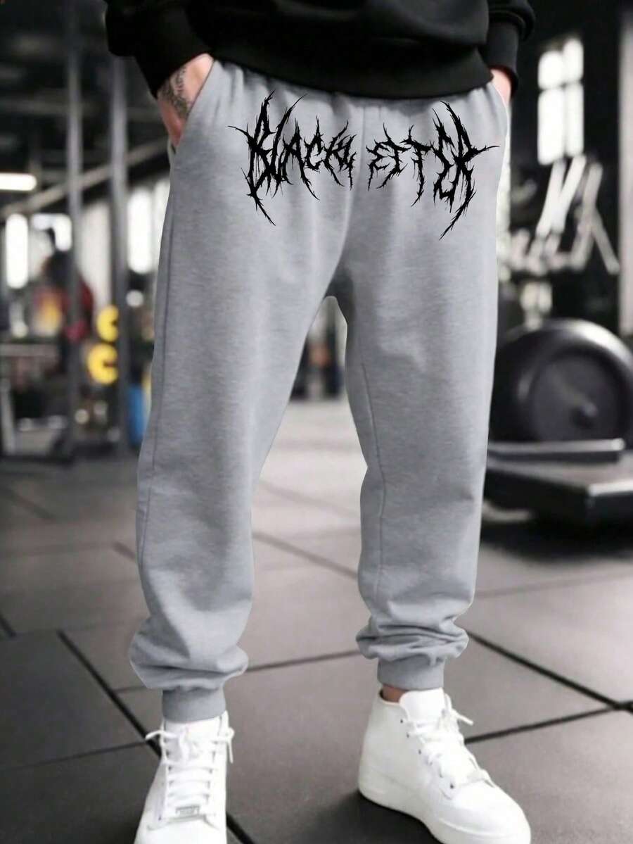 Manfinity Sport PWRUP Men's Gothic Letter Print Pocket Casual Loose Drawstring Sweatpants - Light Grey - View 1