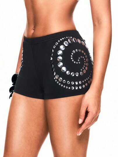 TypaGal Y2K Sexy Summer Black Stylish Chic Bold Modern Women's Fashion Carnival Party Beach Vacation Street Casual  Going Out  Rivet Decor Fitted Shorts, Summer