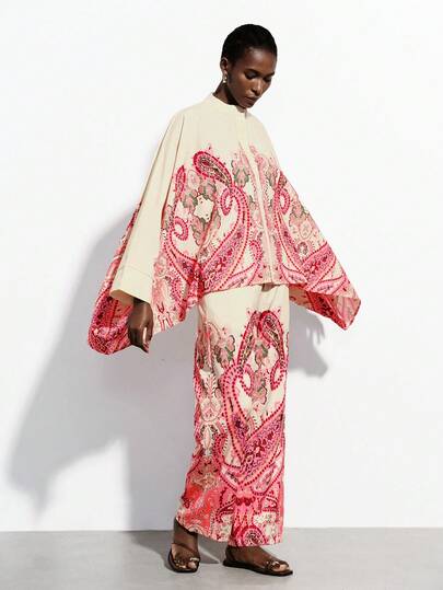 Aveloria Modichic Vacation Casual Loose Boho Style Print Long Sleeve Top And Wide Leg Pants 2 Pieces Set