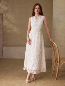 MOTF PREMIUM EMBROIDERED V-NECK SLEEVELESS BEADED ELEGANT VACATION WHITE DRESS - White - View 6