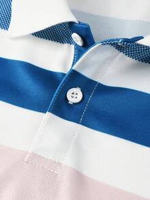 Manfinity Mode 男士條紋翻領 Polo 衫，條紋夏日休閒度假、郵輪、高爾夫 Polo，老錢風禮物、儀式感 - 藍色 - 查看 7