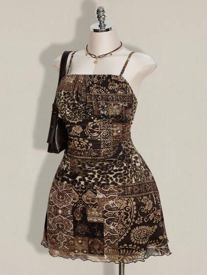 SHEIN ICON Plus Size Women's Spring/Summer Retro Sexy Elegant Commuter Casual Everyday Bohemian Style Millennial Style Y2K Music Festival Outfit Brown Mesh Slim Fit Dress With Gathered Paisley Pattern