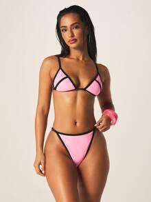 MISSGUIDED 女士三角比基尼套装，撞色滚边，系带后背，夏季沙滩泳装两件套 - 粉色 - 查看 1