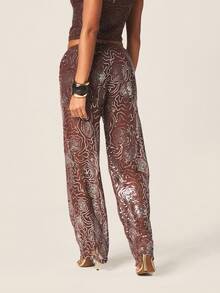 MISSGUIDED 女士阔腿亮片裤，饰有漩涡玫瑰图案和精美装饰细节，适合晚宴场合 - 咖啡棕 - 查看 3