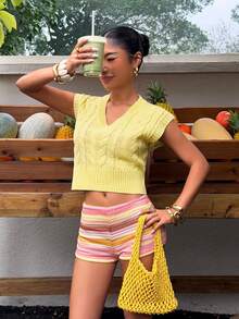 Sunnyshic 女士优雅时尚百搭新款黄色V领麻花针织可爱毛衣背心，春夏款 - 黃色 - 查看 3