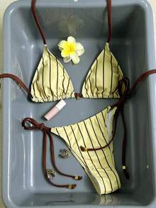 Swim Mod Traje de baño de vacaciones con diseño geométrico y de rayas de contraste de color dulce, conjunto de traje de baño para mujer - Multicolor - Ver 5