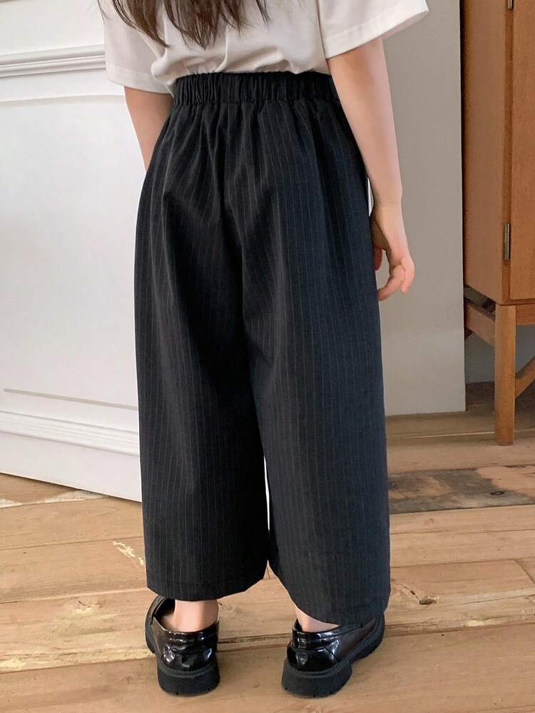 Young Girl Elastic Waist Striped Wide Leg Loose Casual Pants