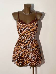 Bare Chapter 豹纹网纱拼接蕾丝边腰部荷叶边露背性感睡裙，纯黄棕色 - 彩色 - 查看 6