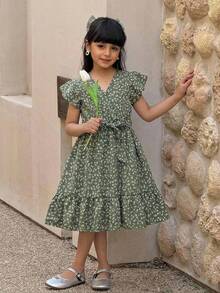 Emery Rose Kids Emery Rose Kids Abito casual con scollo a V e stampa floreale ditsy per ragazze giovani - Verde - Visualizzare 14