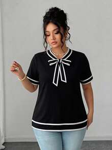 Arcane Artistry Plus Size Women's Elegant Contrast Trim Knot Collar Short Sleeve Top, Summer - Black and White - View 5