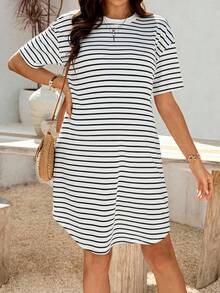 SHEIN Maternity Striped Round Neck Short Sleeve Casual Loose Dress - White - View 7