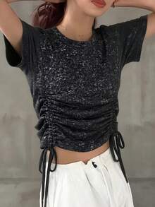 FRIFUL Camiseta holgada y versátil de manga corta con cordón, a cuadros, para mujer, primavera/verano - Gris Oscuro - Ver 7