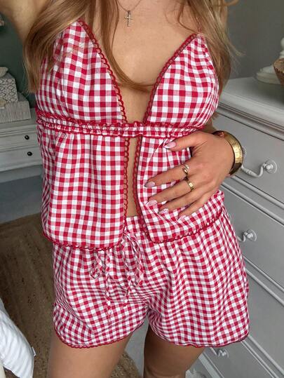 CovetEZ Women's Casual Plaid Camisole And Shorts 2 Pieces Set, Summer