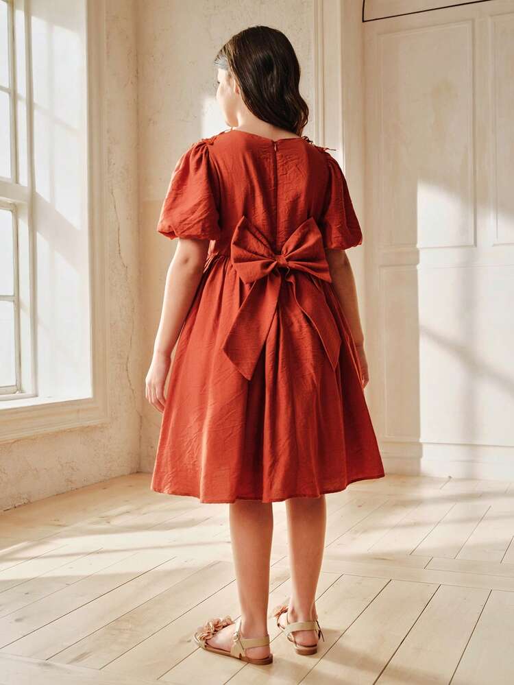 Girls' Coral Orange Bowknot Petal Sleeve Princess Dress With Applique, Spring/Summer