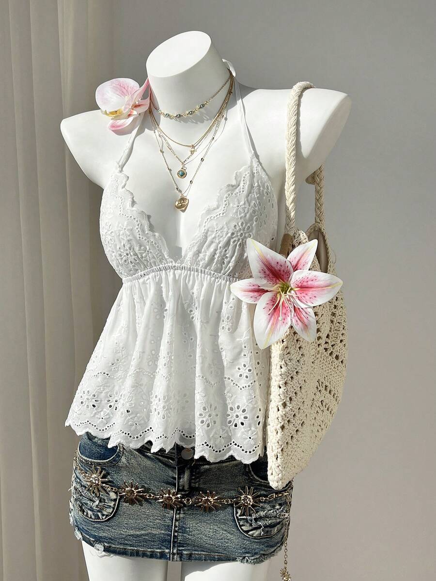 Elamini Sweet Summer Sleeveless Top With Deep V-Neck, Hollow-Out Embroidery, Tie-Up Neck And Ruffle Hem - White - View 1