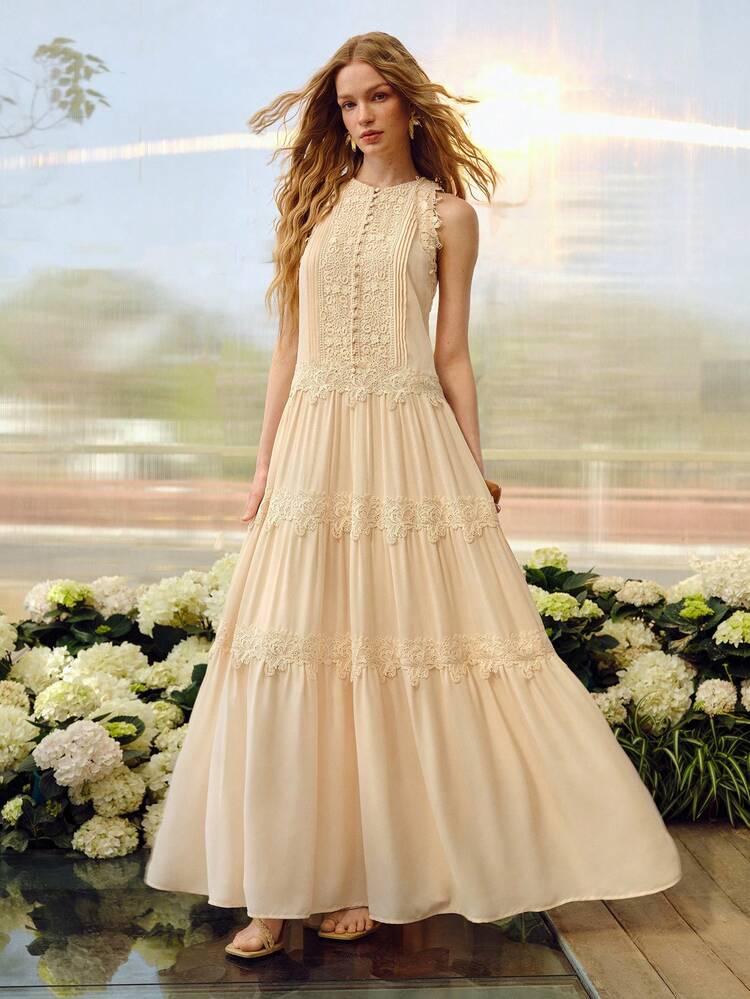 WOMEN'S ROMANTIC CONTRAST LACE CASUAL LONG DRESS, SPRING/SUMMER