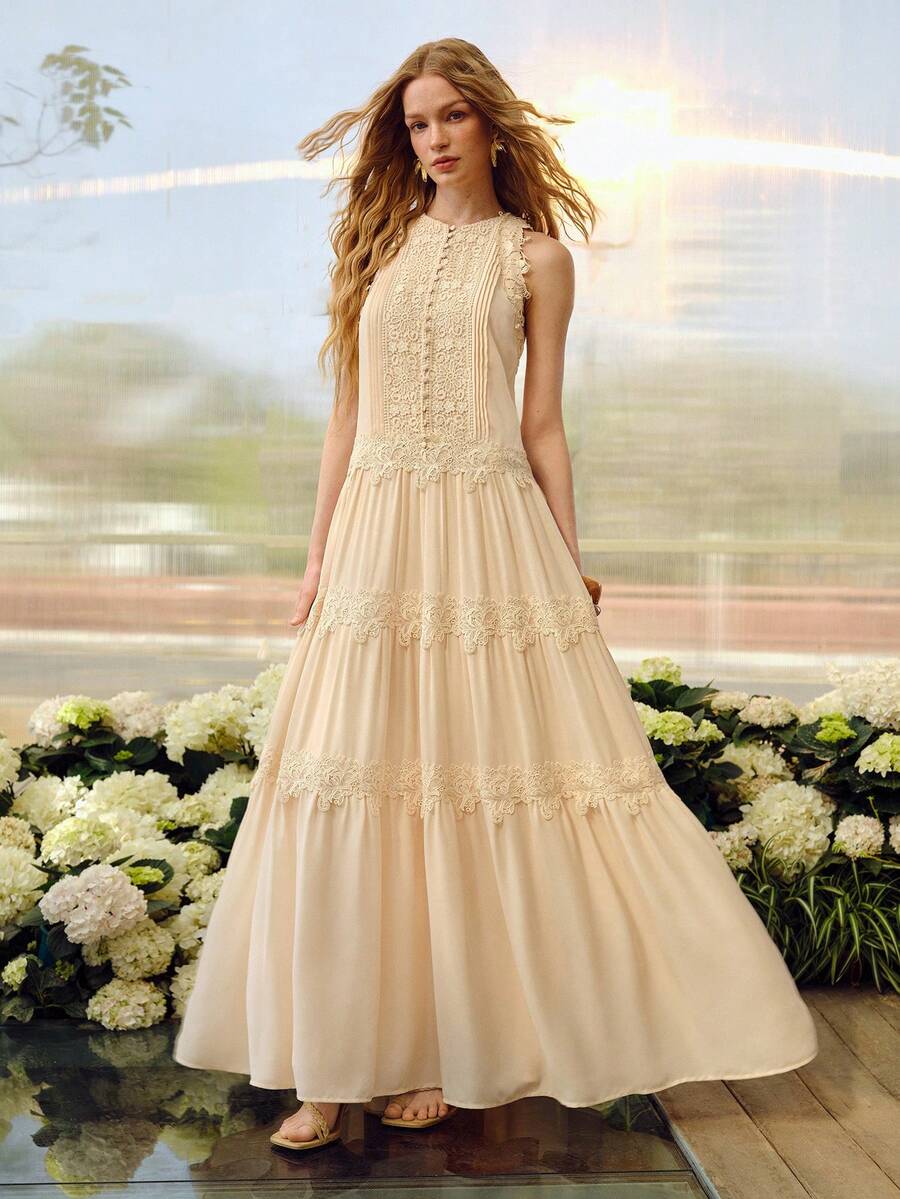MOTF PREMIUM WOMEN'S ROMANTIC CONTRAST LACE CASUAL LONG DRESS, SPRING/SUMMER - Apricot - View 2