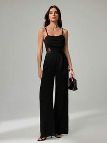 SHEIN Tall 夏季垂褶领黑色连体裤，复古蕾丝镂空阔腿连体裤，婚礼女士连体裤，秋冬连体裤，教师装，复古富贵风连体裤，商务休闲连体裤，早午餐连体裤，外出连体裤，正式场合连体裤 - 黑色 - 查看 1