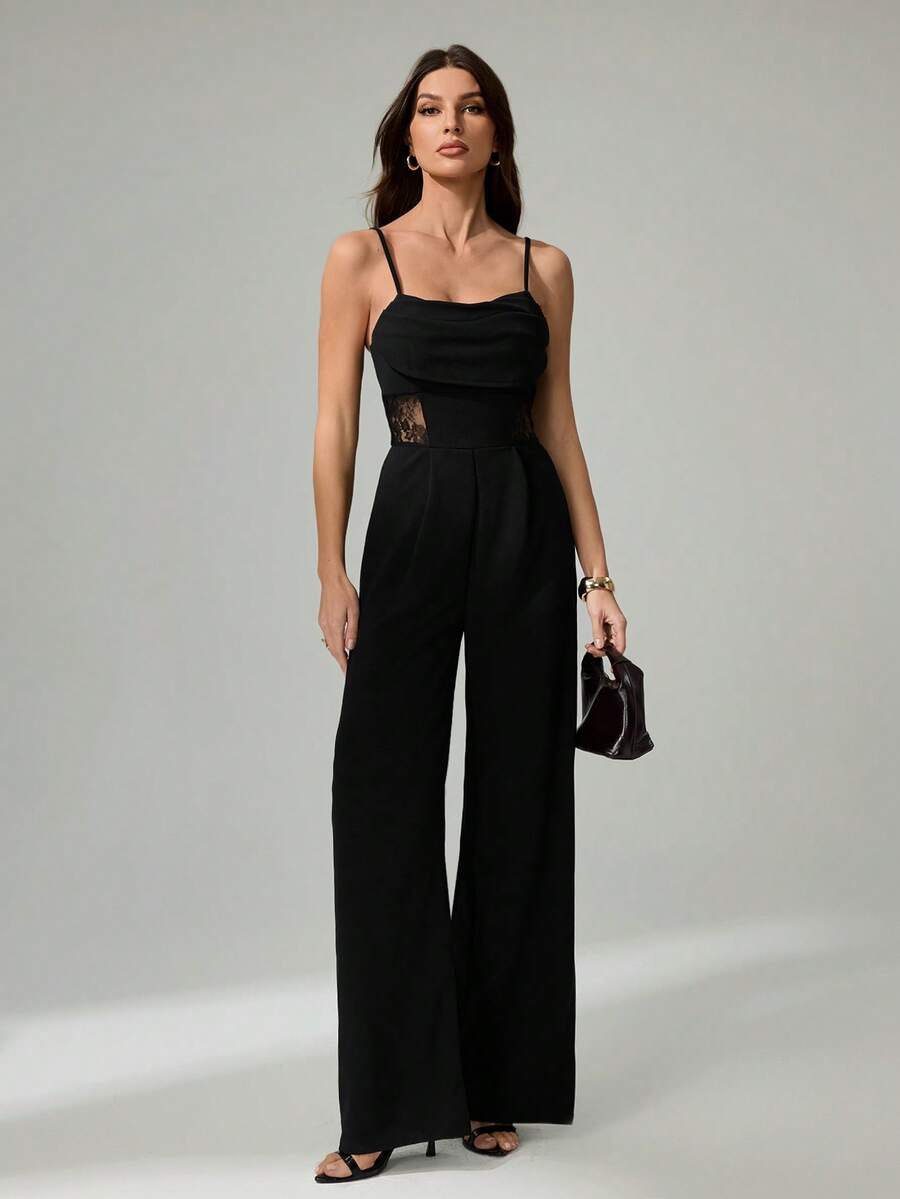 SHEIN Tall 夏季垂褶领黑色连体裤，复古蕾丝镂空阔腿连体裤，婚礼女士连体裤，秋冬连体裤，教师装，复古富贵风连体裤，商务休闲连体裤，早午餐连体裤，外出连体裤，正式场合连体裤 - 黑色 - 查看 1