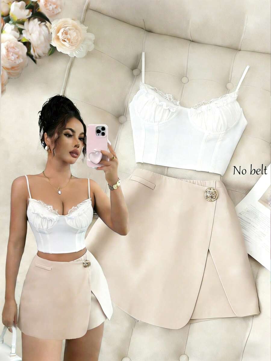 SHEIN Elenzya Light Khaki High Waist A-Line Shorts With Metal Buckle Decor, Slimming Effect - Khaki - View 1