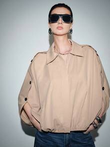 Lumivelle 女士纯色翻领休闲百搭日常长袖外套 - 卡其色 - 查看 6