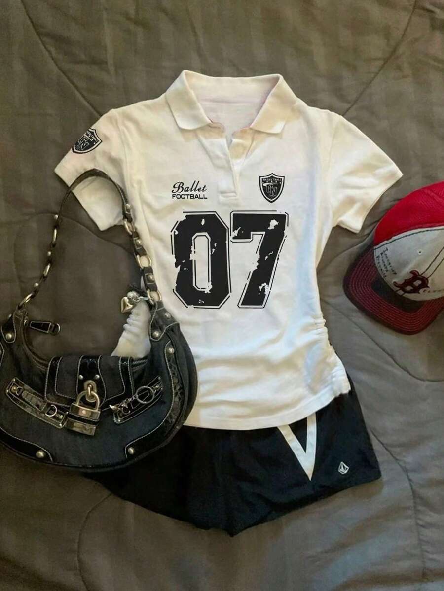 SHEIN Women's Casual Numeric Print Short Sleeve Polo T-Shirt, Summer - White - View 1