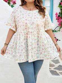 SHEIN CURVE+ Curve 尺码 US22 音乐节、海滨度假、波西米亚风女士时尚宽松圆领蕾丝袖花卉刺绣衬衫 - 彩色 - 查看 4