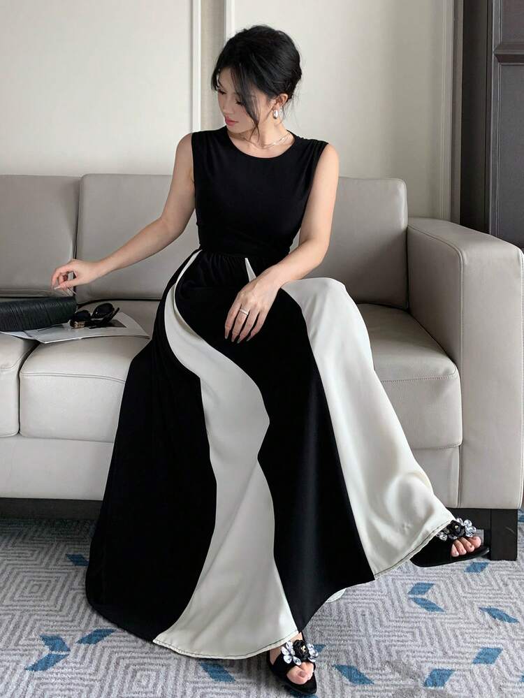 Spring & Summer Black & White Color Block Sleeveless Midi Dress, Elegant Fit & Flare Silhouette With Ruffle Hem, Suitable For Valentine's Day, Wedding, Party, Formal Occasion Sundress Cocktail Dress