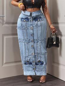 Slaydiva Plus Size Casual Washed Front Button Extra Long Denim Skirt - Blue - View 6