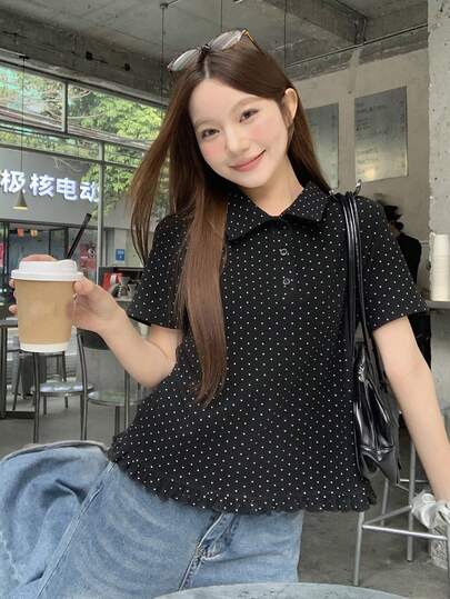 DAZY Áo sơ mi nữ tay ngắn cổ polo họa tiết chấm bi phong cách Hàn Quốc tươi trẻ