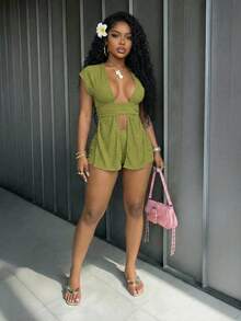 Slaydiva 早春新款，春夏音乐节，情人节，复活节休闲风，简约基础款，Y2K街头甜美风，畅销款，日常约会，辣妹风，性感，运动时尚风，缎带装饰，腰带设计，露脐上衣+超短裤，热裤，紧身短裤，浅绿色套装，纹理面料，女士两件套 -A - 橄欖綠 - 查看 5