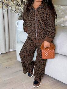 DAZY 2pcs/Set Young Girls Hooded Leopard Print Casual Loose Sweatshirt Jacket And Loose Sweatpants, Korean Style - Brown - View 6