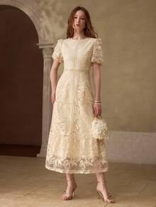 MOTF PREMIUM WOMEN'S VACATION MESH JACQUARD SPLICING A-LINE MIDI DRESS - Apricot - View 1