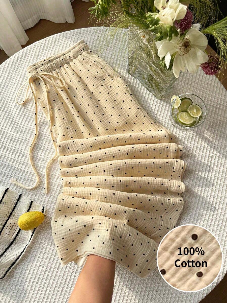 SHEIN EZwear 大码女式波点抽绳腰休闲百搭阔腿裤，适合日常穿着 - 彩色 - 查看 1
