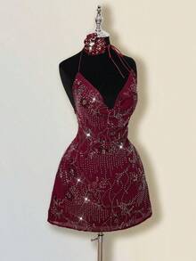SHEIN ICON Summer Vacation Beaded Backless Draped Neck Mini Dress, Wine Red, For Outing, Party, Gathering - Burgundy - View 5