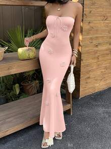 Sunnyshic 女士性感度假连衣裙，3D立体花卉设计，时尚休闲沙滩裙，夏季无肩带系带鱼尾裙摆，优雅派对装扮 - 粉色 - 查看 4