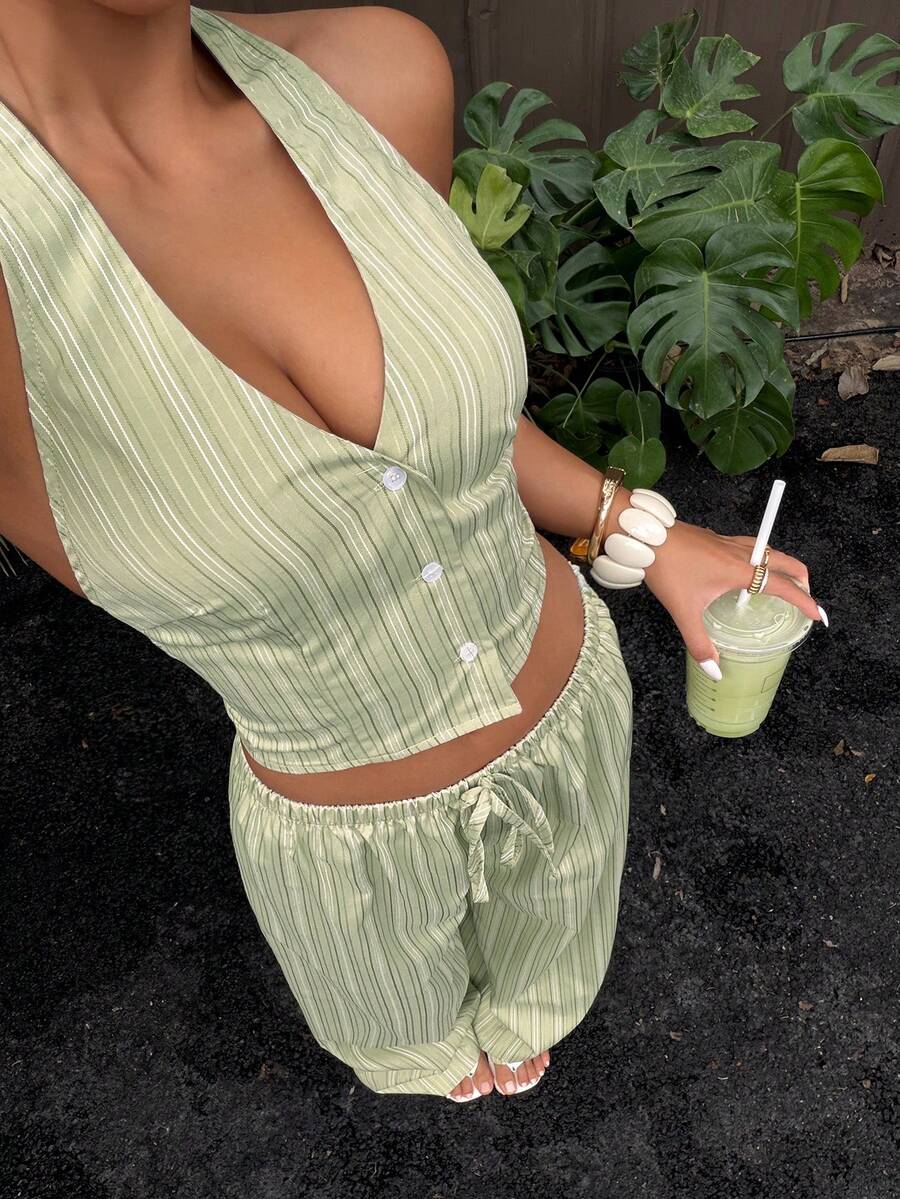 Sunnyshic Women's Casual 2-Piece Set, Minimalist Vertical Striped Sleeveless Tank Top And Flowy Wide Leg Pants, Commuter-Friendly, Suitable For Daily Wear, Spring/Summer - Green - View 1