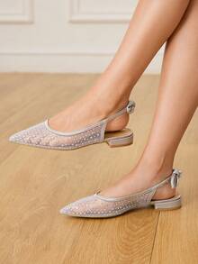 CUCCOO HITCHD Women Shoes Summer And Summer New Fashion French Mesh Rhinestone Pointed Flat Sole Shoes,Bow With Slip-On, Comfortable And Elegant, Versatile And Not Tired Of Feet, Silver Hot Rhinestones Are Very Beautiful Summer Shoes Wedding Shoes Bride Shoes - Silver - View 2