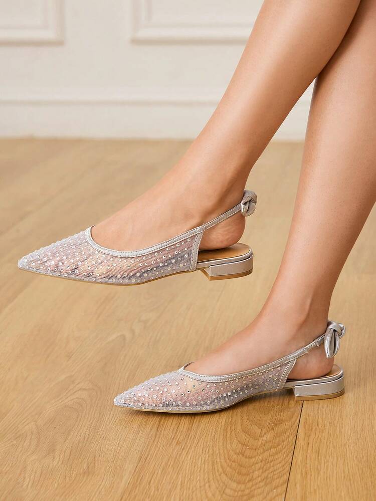 CUCCOO HITCHD Women Shoes Summer And Summer New Fashion French Mesh Rhinestone Pointed Flat Sole Shoes,Bow With Slip-On, Comfortable And Elegant, Versatile And Not Tired Of Feet, Silver Hot Rhinestones Are Very Beautiful Summer Shoes Wedding Shoes Bride Shoes