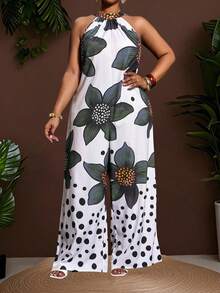 Veslaya Slayr 大码几何印花无袖阔腿连体裤，休闲度假风 - 綠色 - 查看 5