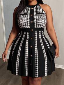 Slaydiva 大码女装春夏新款吊带千鸟格拼接单排扣时尚别致约会派对连衣裙 曲线加大码连衣裙 千鸟格连衣裙 - 黑與白 - 查看 5