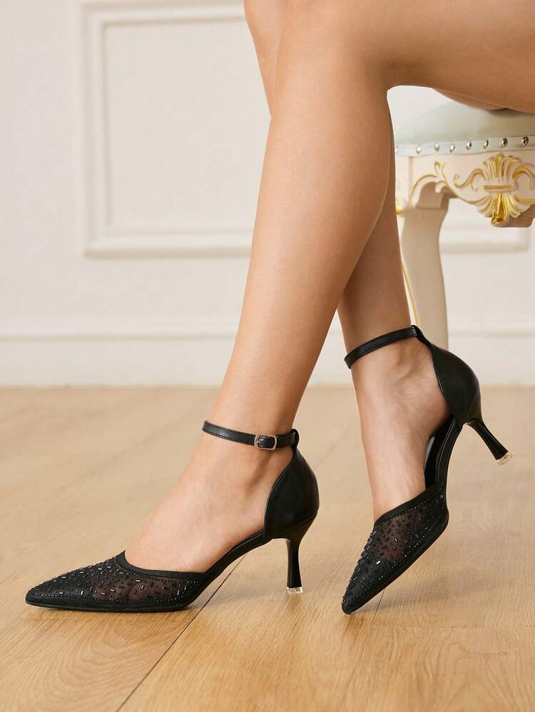 CUCCOO HITCHD Summer And Autumn Black Mesh Rhinestone Pointed Toe Thin Heel Sexy Elegant Hollow Women's High Heel Shoes Summer Shoes Wedding Shoes Bride Shoes