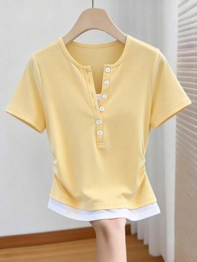 SHEIN Franclia Women's Fitted Color Block Short Sleeve T-Shirt, Yellow, Spring/Summer Summer Tops Yellow Cute Modest Tops Butter Yellow Clothes