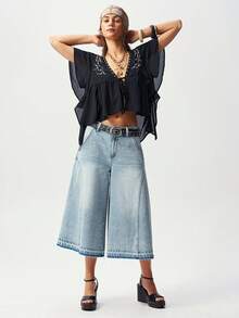 Bohemela Women's Summer Casual Outings, Romantic And Elegant Beachwear, Bohemian West Music Festival Woven Chiffon Ruffled Cover-Up With Rivet Embellishments,Summer Top, Summer For Women, Free And Relaxed Style , Fasching Women Costume, Beach, Summer Vacations - Black - View 5