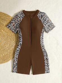 SHEIN Tween Girls Leisure Vacation Swim Summer Beach Black Patchwork Leopard Print Zipper One Piece Swimsuit, Summer Beach - Brown - View 2