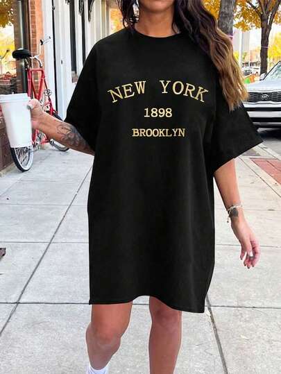 Flirla 大碼夏季休閒寬鬆字母印花下垂肩連衣裙