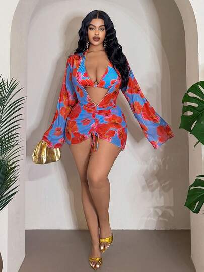 Slaydiva Set de 3 piezas Talla grande Mujer Conjunto de cubrecuerpo de manga larga con cordón y estampado floral aleatorio, Top estampado y Bottom de bikini de cintura alta, Ropa casual de resort para adultos