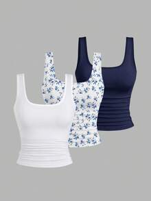 EMERY ROSE Áo tank top in họa tiết cỡ lớn, Áo tank top cổ tròn dáng casual cỡ lớn dành cho nữ, Áo tank top thời trang cỡ lớn dành cho nữ, Bộ 3 áo tank top cỡ lớn dành cho nữ, Áo tank top mùa hè - Nhiều màu - Xem 1